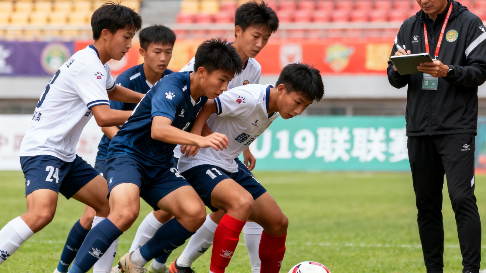 一群年轻球员在U19联赛中激烈拼抢，场边有教练记录数据